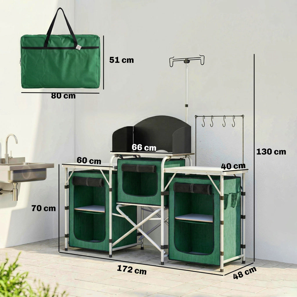 Mobile Cucina Pieghevole da Campeggio ¨C Xylo ¨C 3 Tavoli 4 Ganci Verde 172x48x130cm