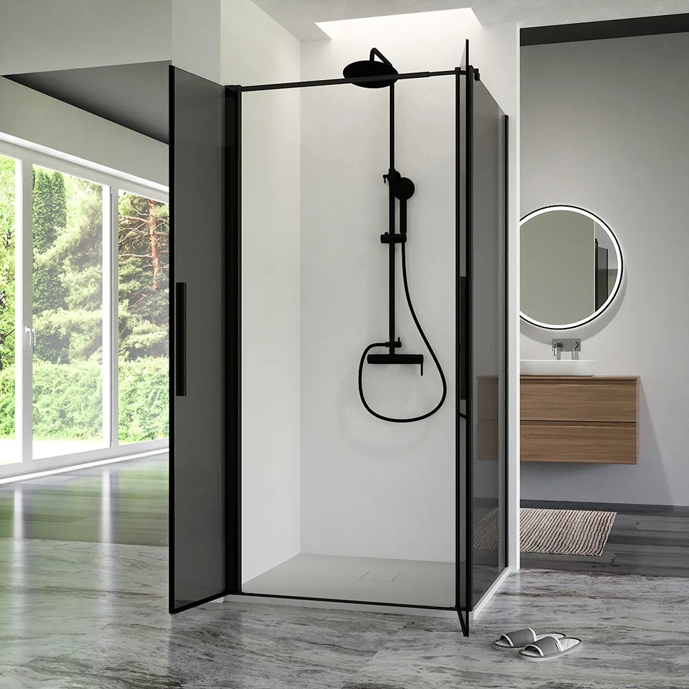 Box doccia 120x90cm con apertura saloon e parete fissa, profili nero opaco e vetro da 6mm fumè h195 | Elba