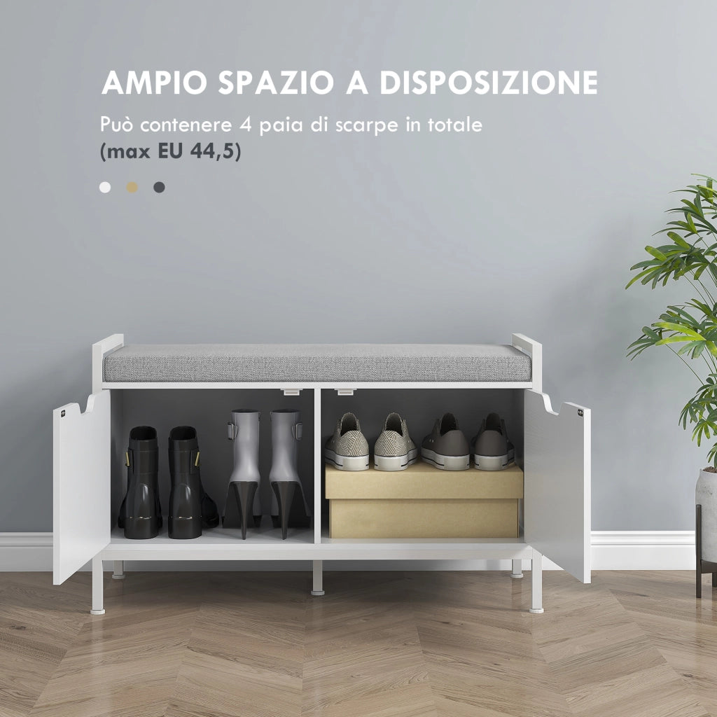 Panca Scarpiera con Cuscino ¨C Xylo ¨C Bianco Legno Acciaio 84x35x50 cm