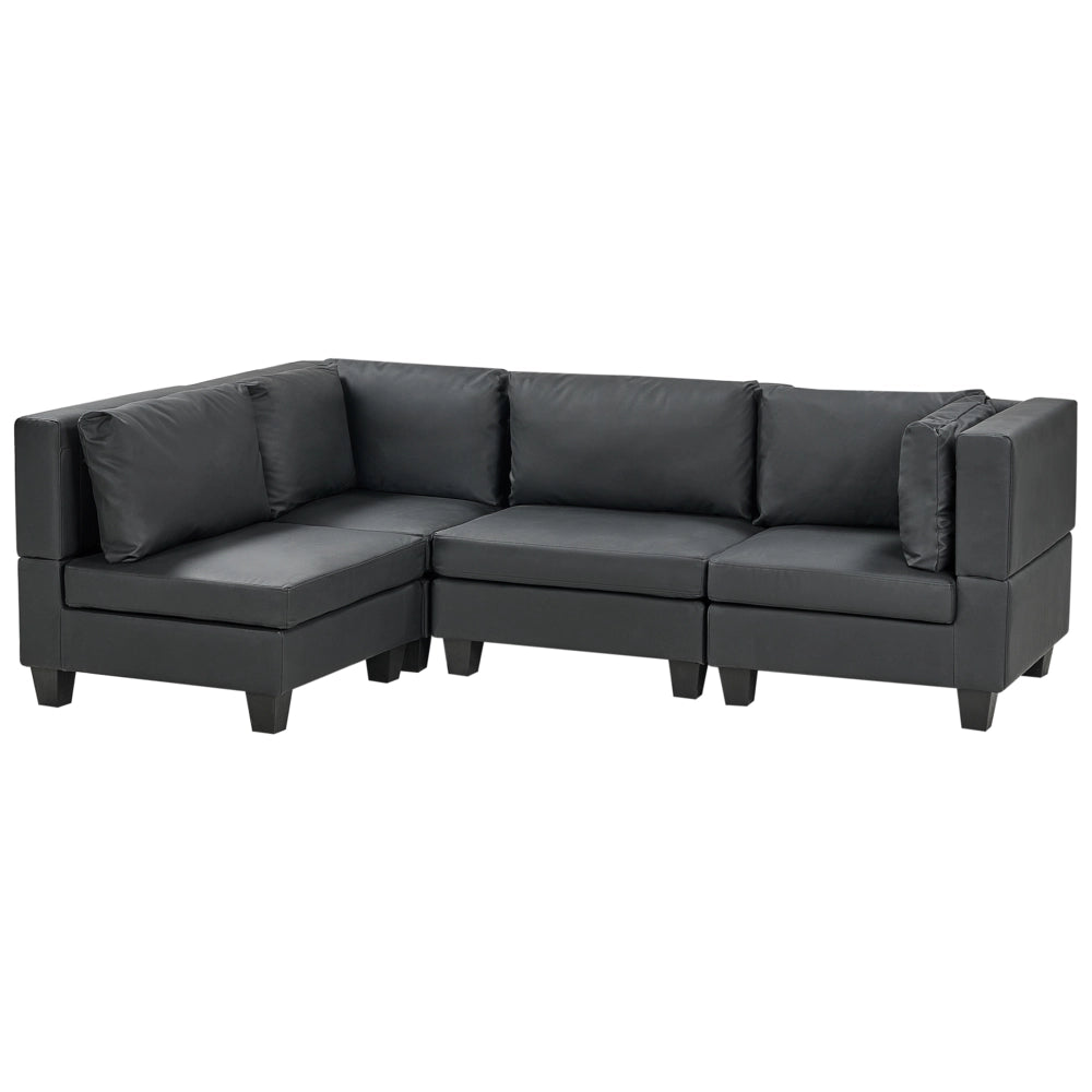 Divano componibile 4 posti imbottito in tessuto nero gambe nere schienale imbottito lato destro stile moderno