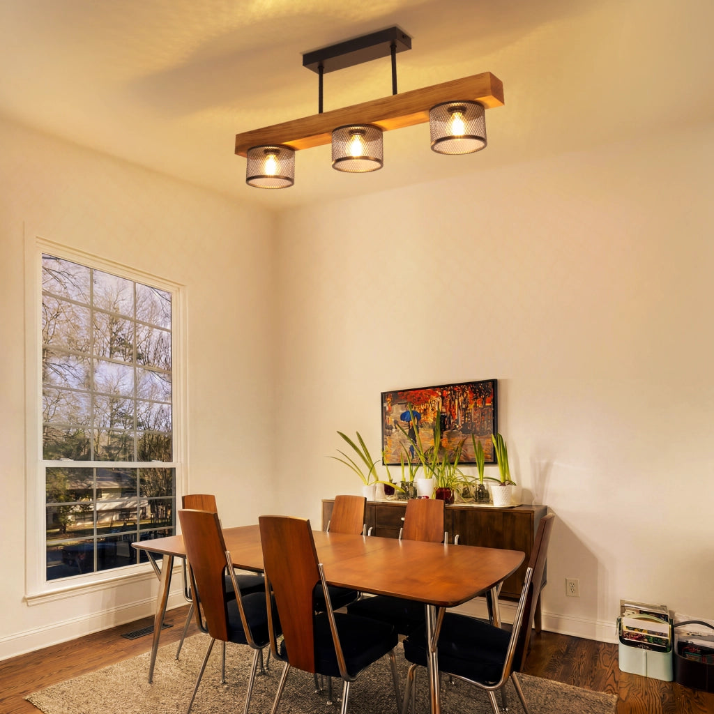 ZMH Lampada da Soffitto Vintage Legno E14 3 Luci Metallo Gitterschirm Industriale per Soggiorno Camera Senza Lampadina