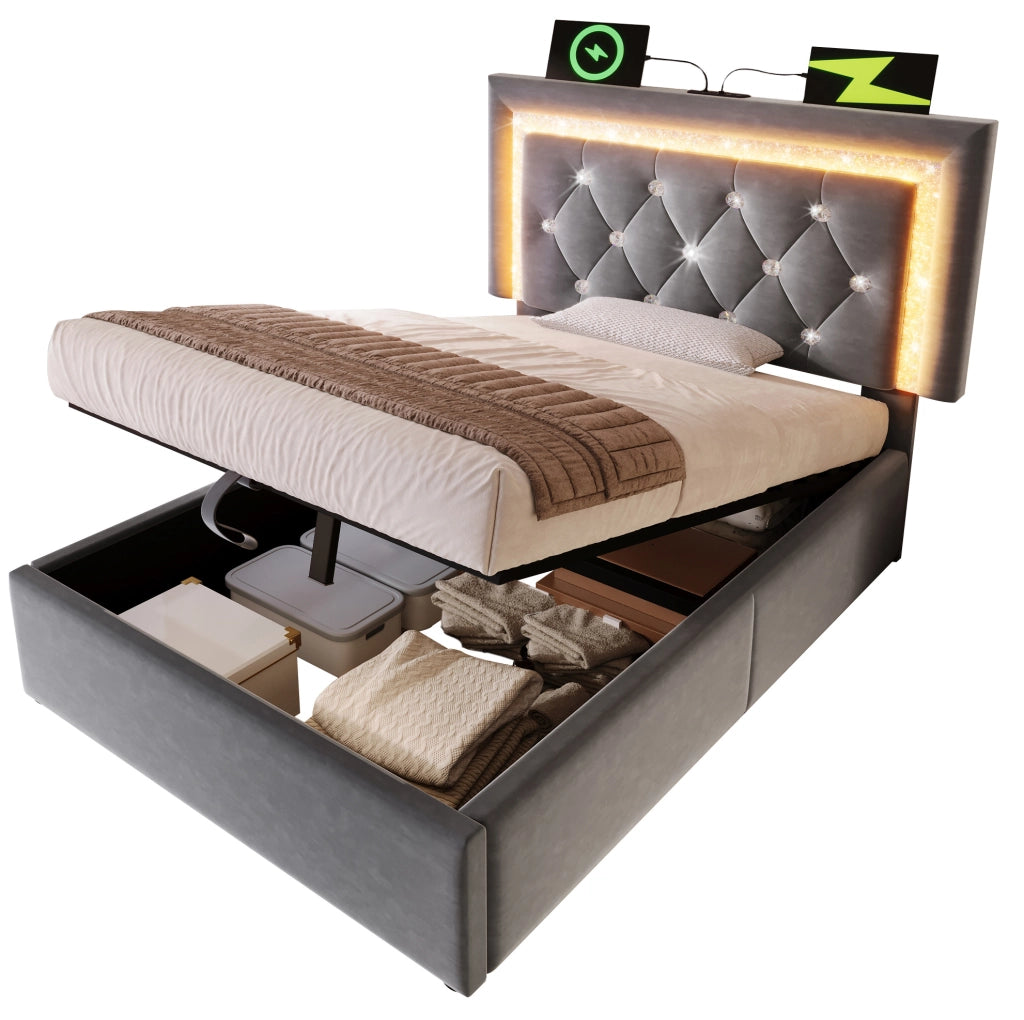 Letto imbottito 90x200 cm con LED, USB e materasso incluso