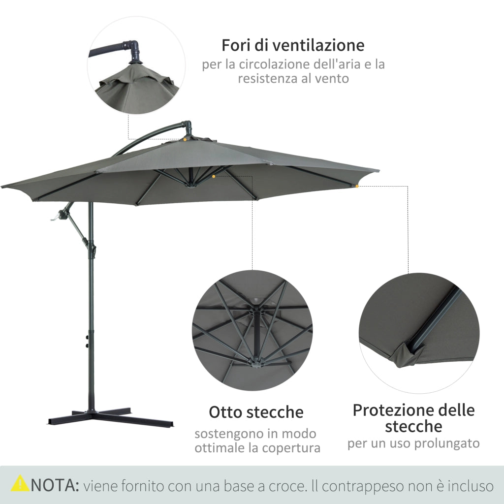 EasyComfort Ombrellone da Esterni 3x2.5 m Decentrato con Manovella, Struttura in Acciaio e Poliestere Anti-UV, Grigio