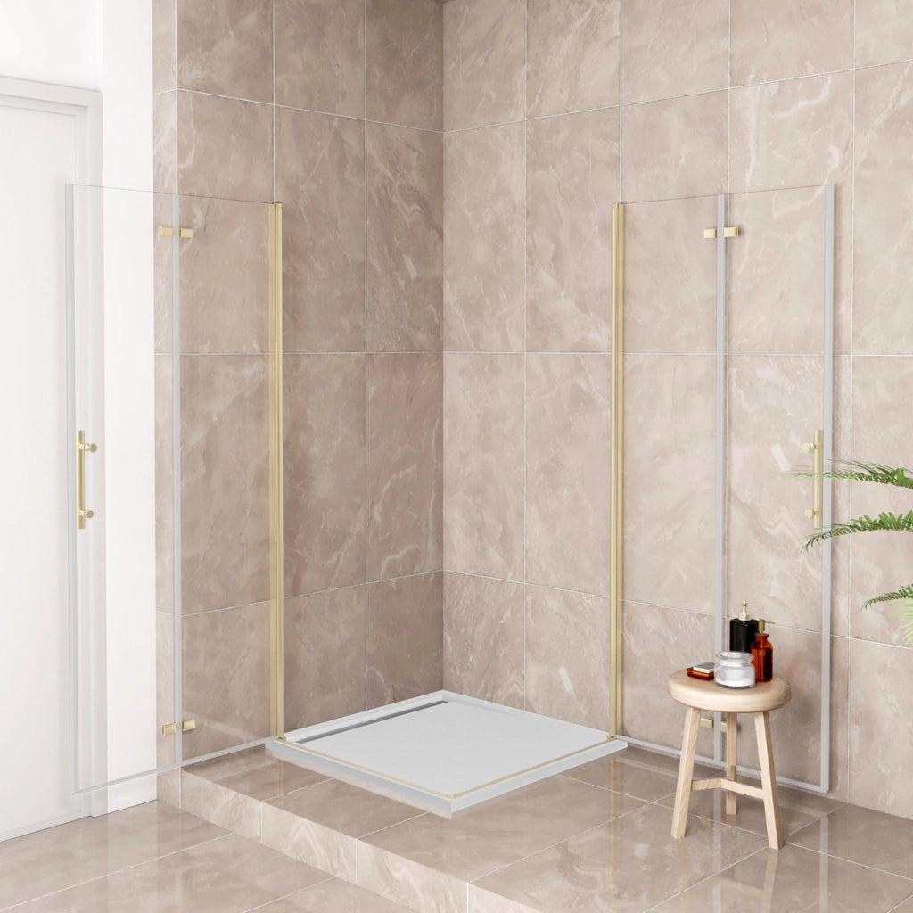 185 cm Box Doccia Angolare 90x90 cm Doppia Porta Battente Pieghevole Vetro Temperato Trasparente 6 mm Anticalcare Telaio Dorato Spazzolato