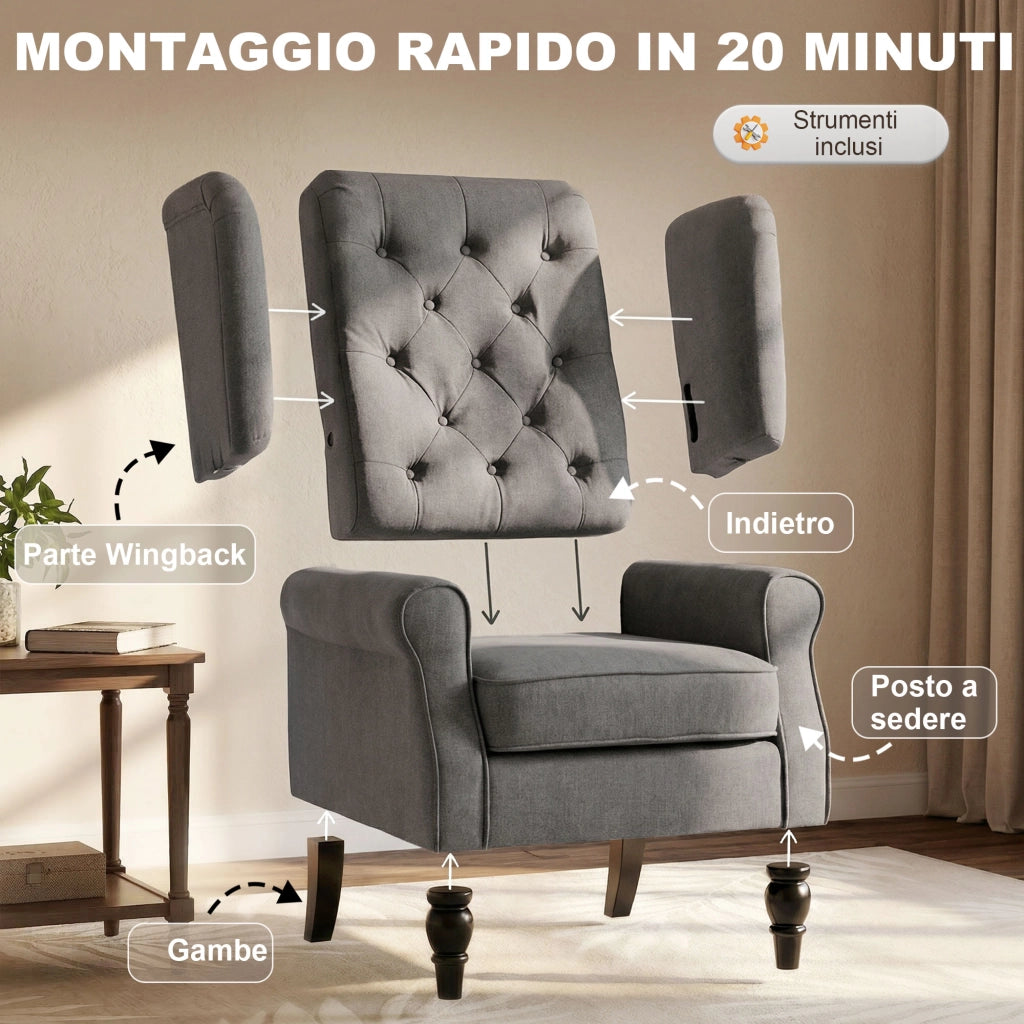 Poltrona Relax Grigio Tessuto con Gambe Legno e Cuscini Sfoderabili ¨C zephmum ¨C 74x86x102 cm