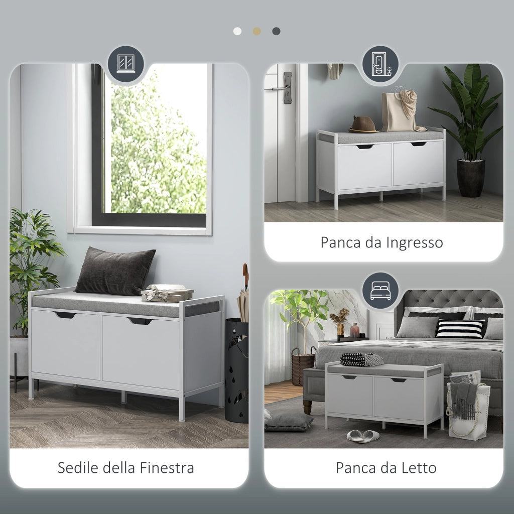 Panca Scarpiera con Cuscino ¨C Xylo ¨C Bianco Legno Acciaio 84x35x50 cm