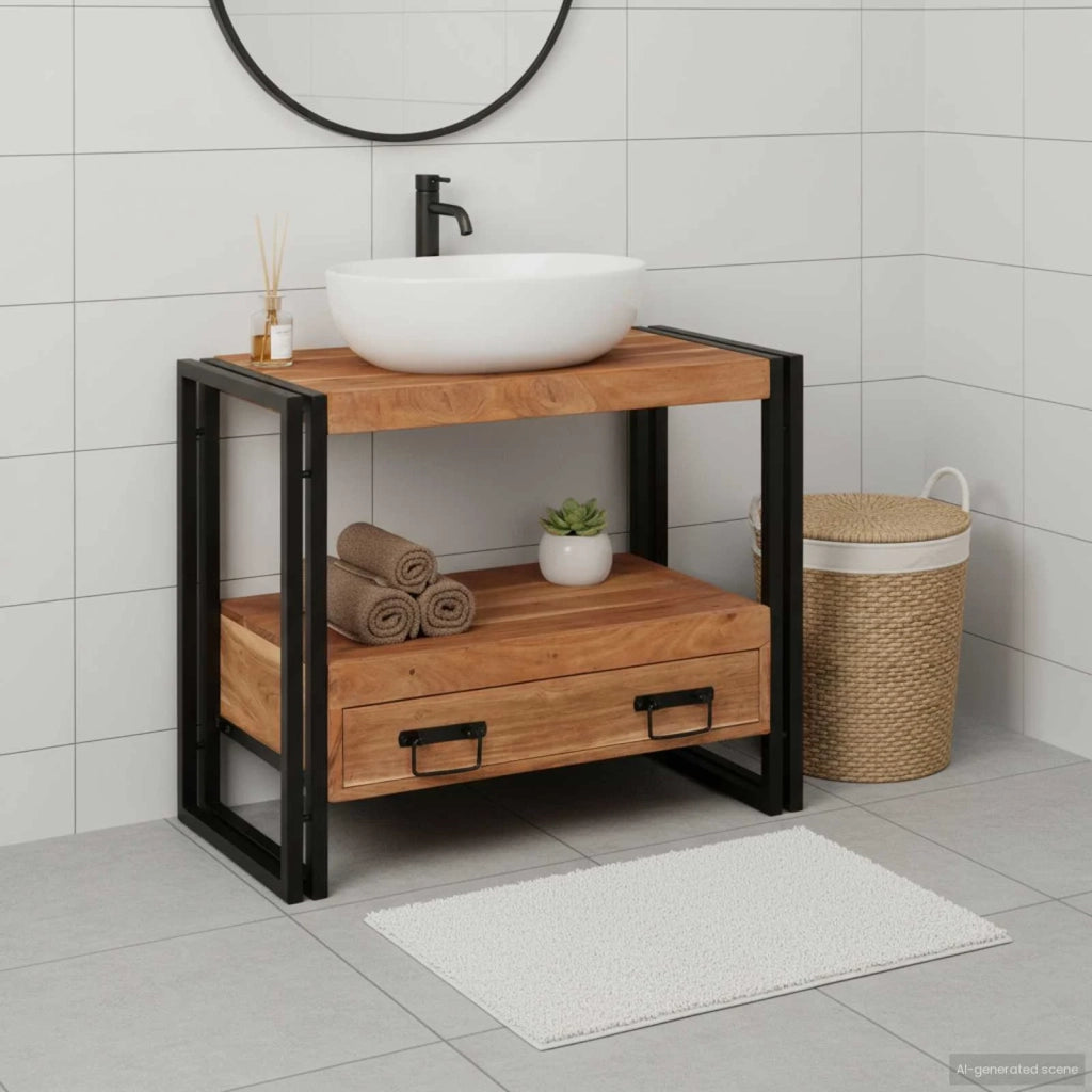 Mobile Sottolavabo-Armadietto da bagno Legno massello di acacia e ferro
