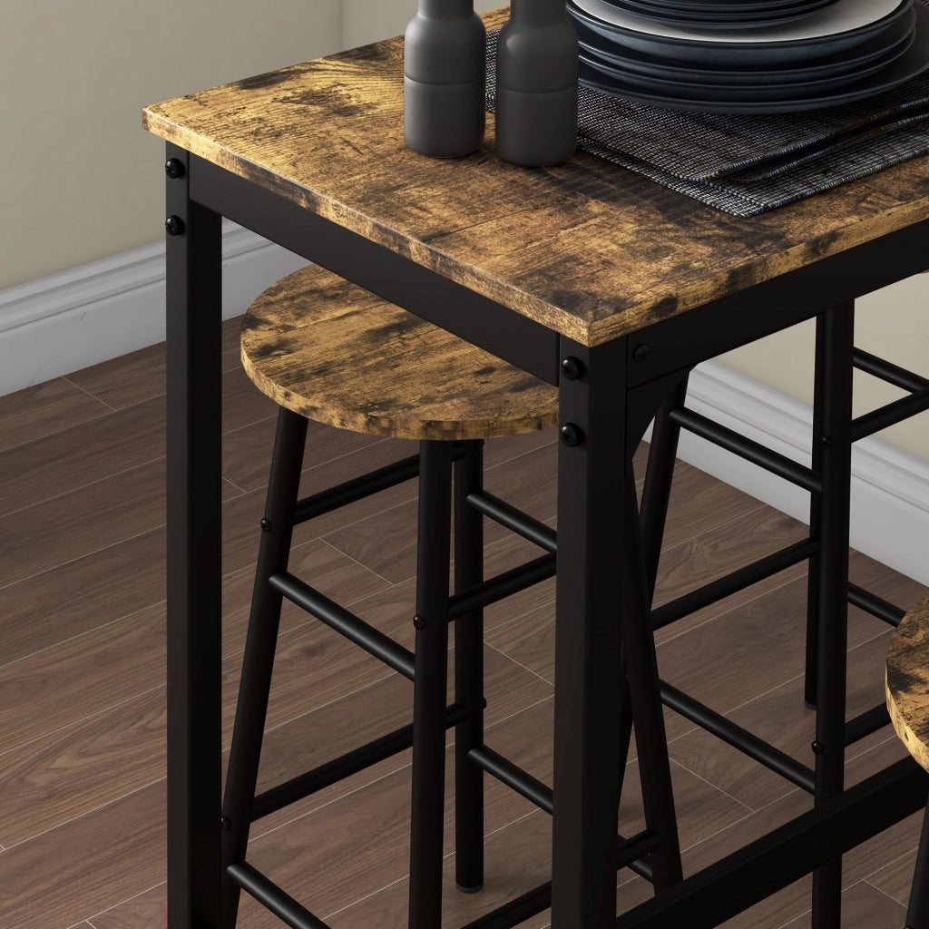 Set Tavolo Alto Rettangolare con Sgabelli in MDF e Acciaio Nero e Marrone