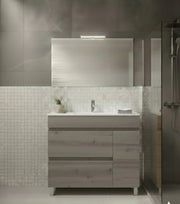 Mobile Bagno FENRIR Già Montato 2 cassetti e porta con piedini, lavabo e specchio Rovere affumicato 90x40 cm
