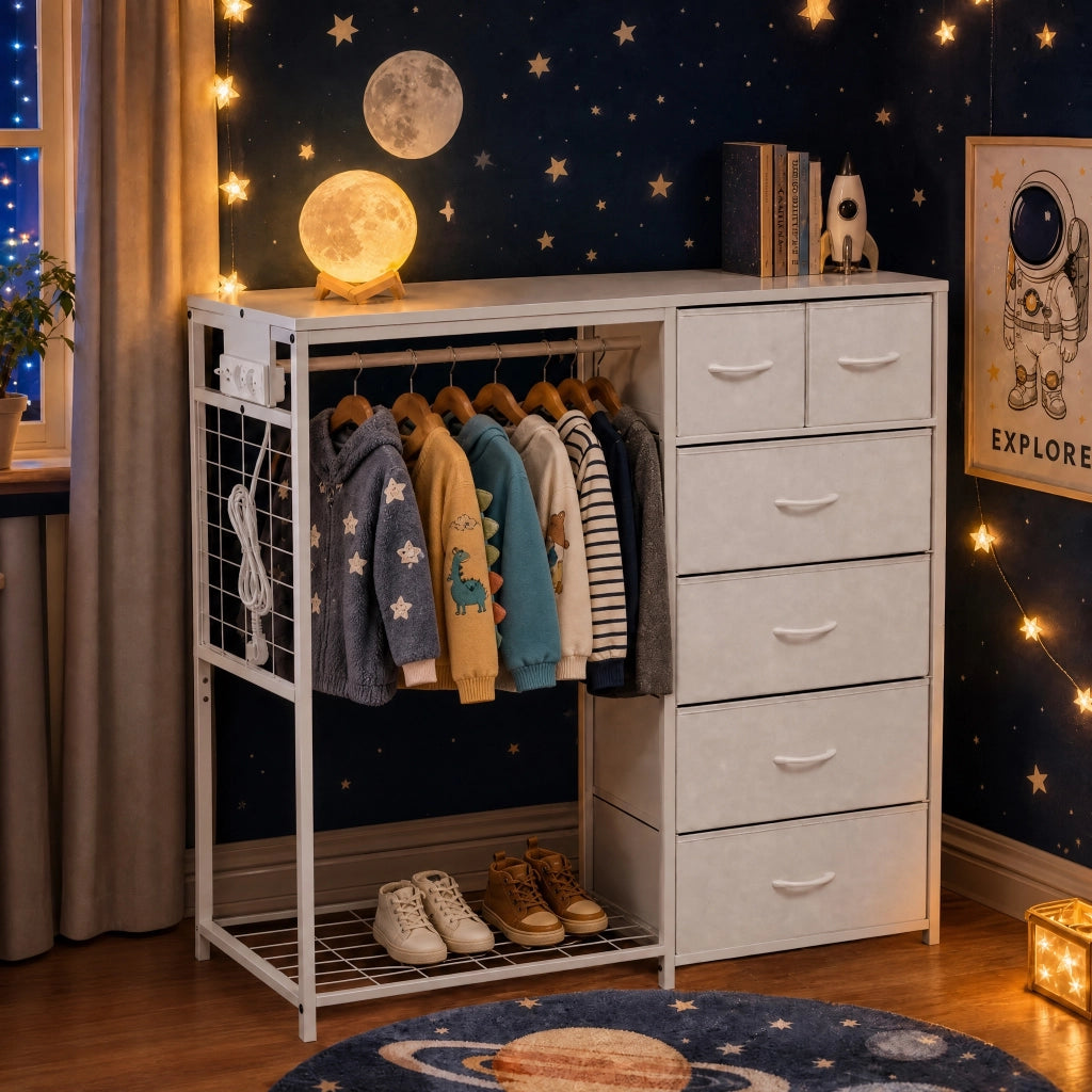 Armadio per bambini, con 6 cassetti, asta appendiabiti e presa di corrente, appendiabiti multifunzionale, bianco