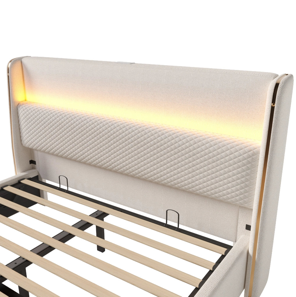Letto matrimoniale idraulico con testiera alta, LED, USB/Type-C e contenitore