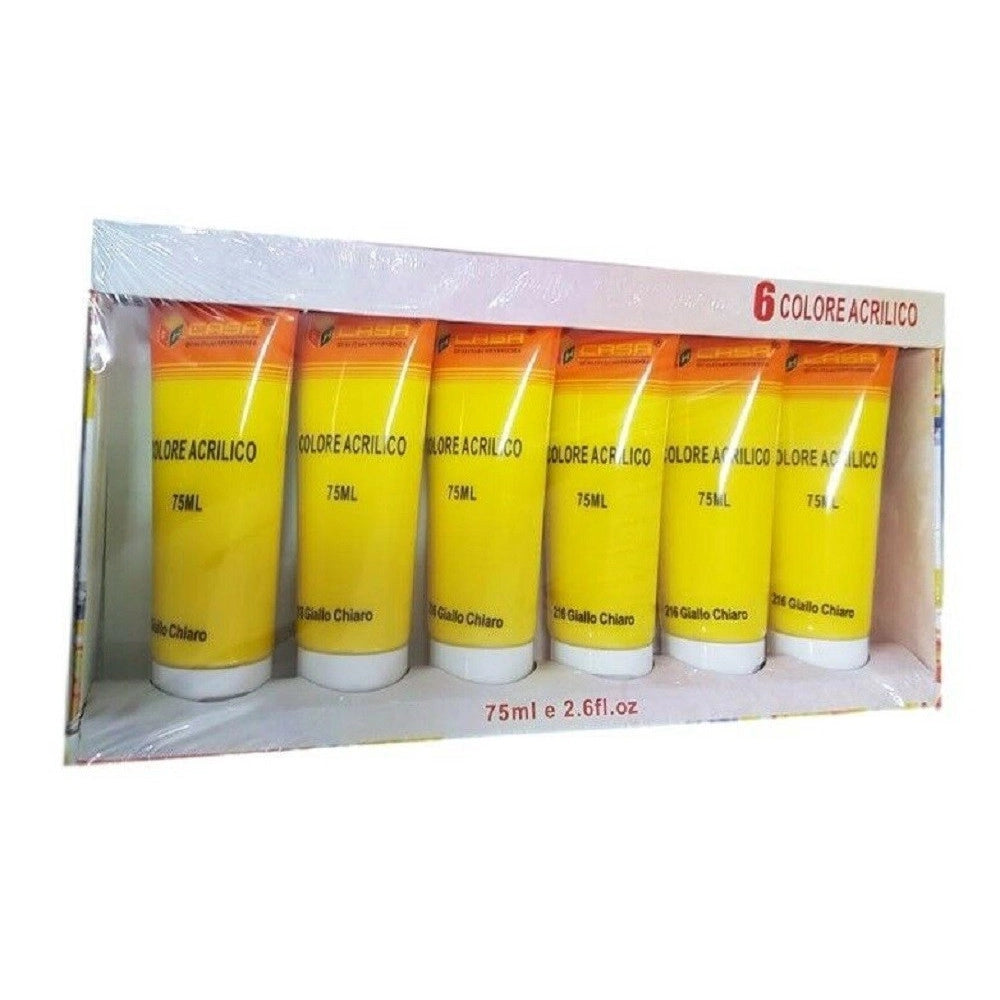 Trade Shop - Set 6pz Pittura Acrilica Vernice Confezione Colore Giallo Chiaro Tubo 75ml 07505 -