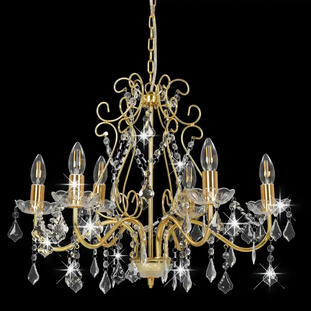 Lampadario con Perline di Cristallo Dorato Tondo 6 E14 281603