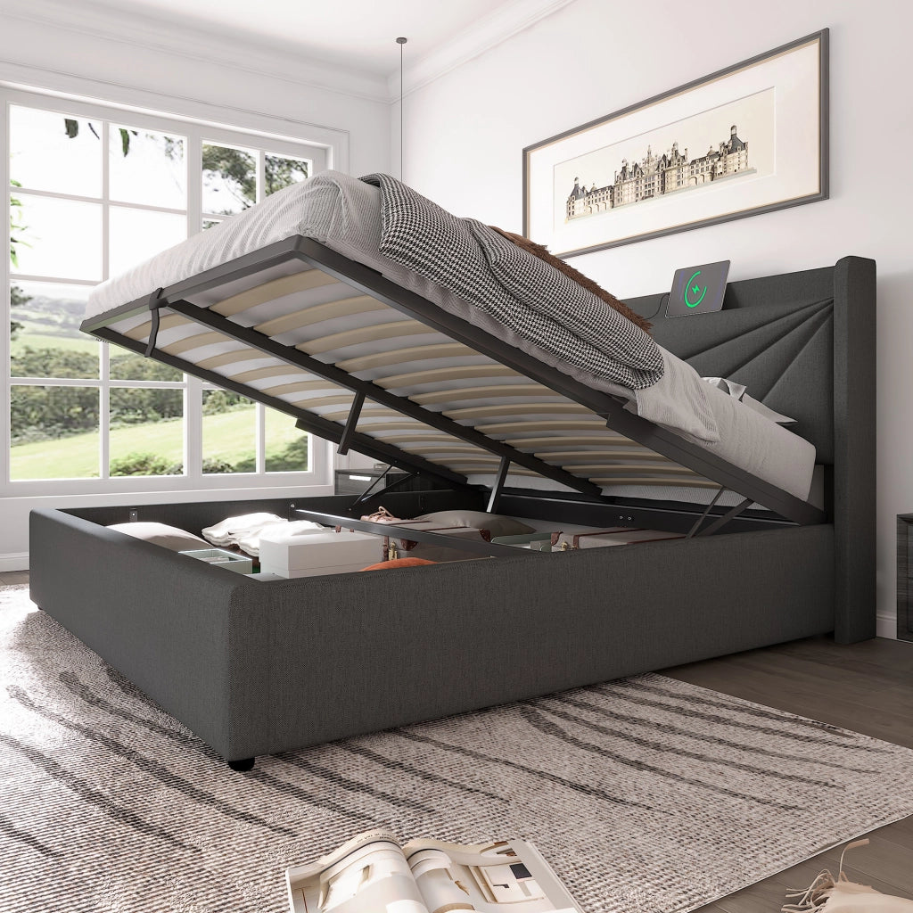 LETTO Contenitore 160x200 cm Grigio Cotone-Lino con USB e Tipo-C