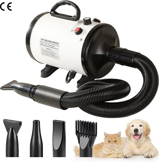 Föhn Professionale per Cani 2800W - Asciugacapelli Silenzioso per Cani con Regolazione di Velocità e Temperatura, Incluso 4 Diversi Adattatori per la Pulizia dei Cani