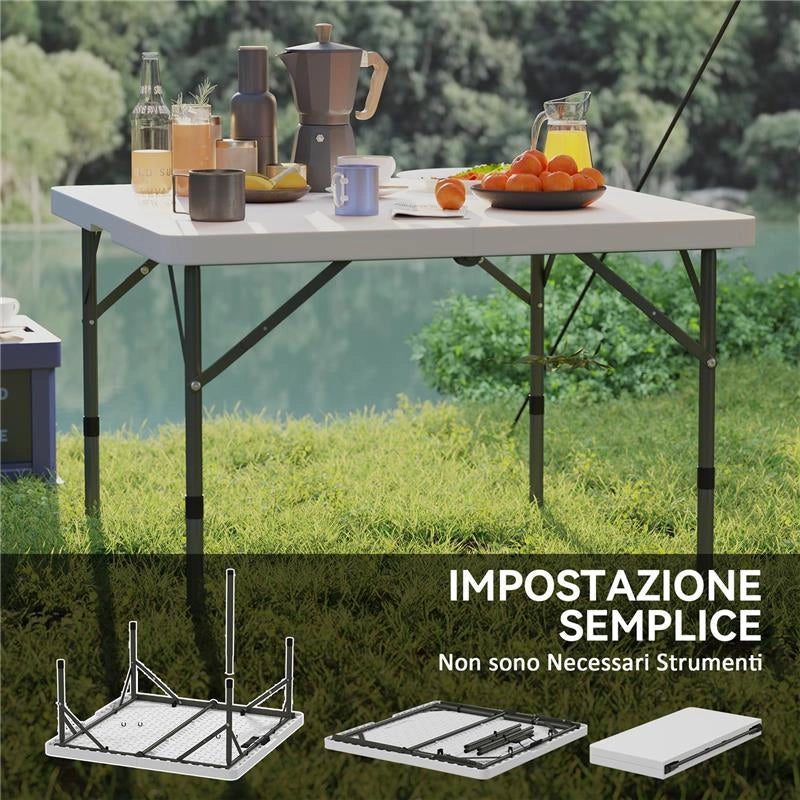 TAVOLO DA CAMPEGGIO PIEGHEVOLE CON 2 ALTEZZE REGOLABILI IN HDPE E METALLO, 86X86X74 CM, BIANCO