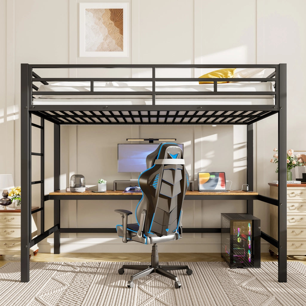 OKWISH Letto a Soppalco 90×200 cm, Letto Singolo con Scrivania, USB, Tipo-C, Presa e LED Regolabile, senza Materasso, Metallo, Nero