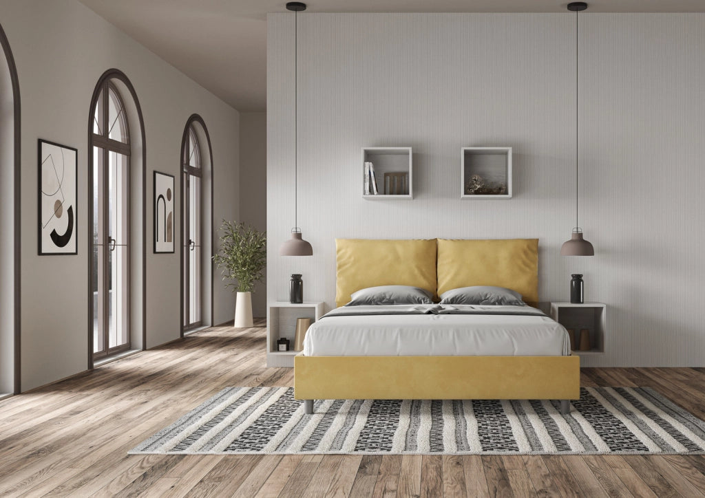 BS COM Letto queen size con rete imbottito 150x200 microfibra ocra
