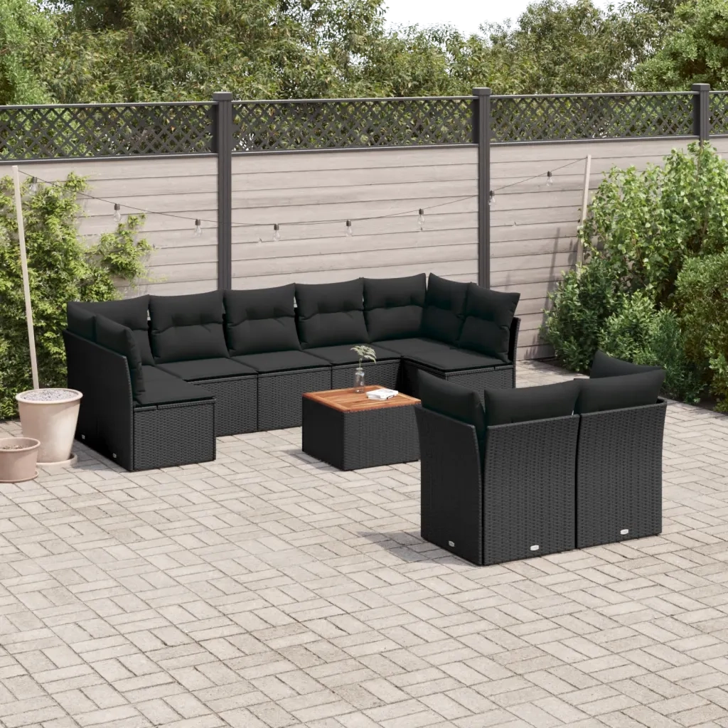 Set Divani da Giardino 10pz con Cuscini in Polyrattan Nero