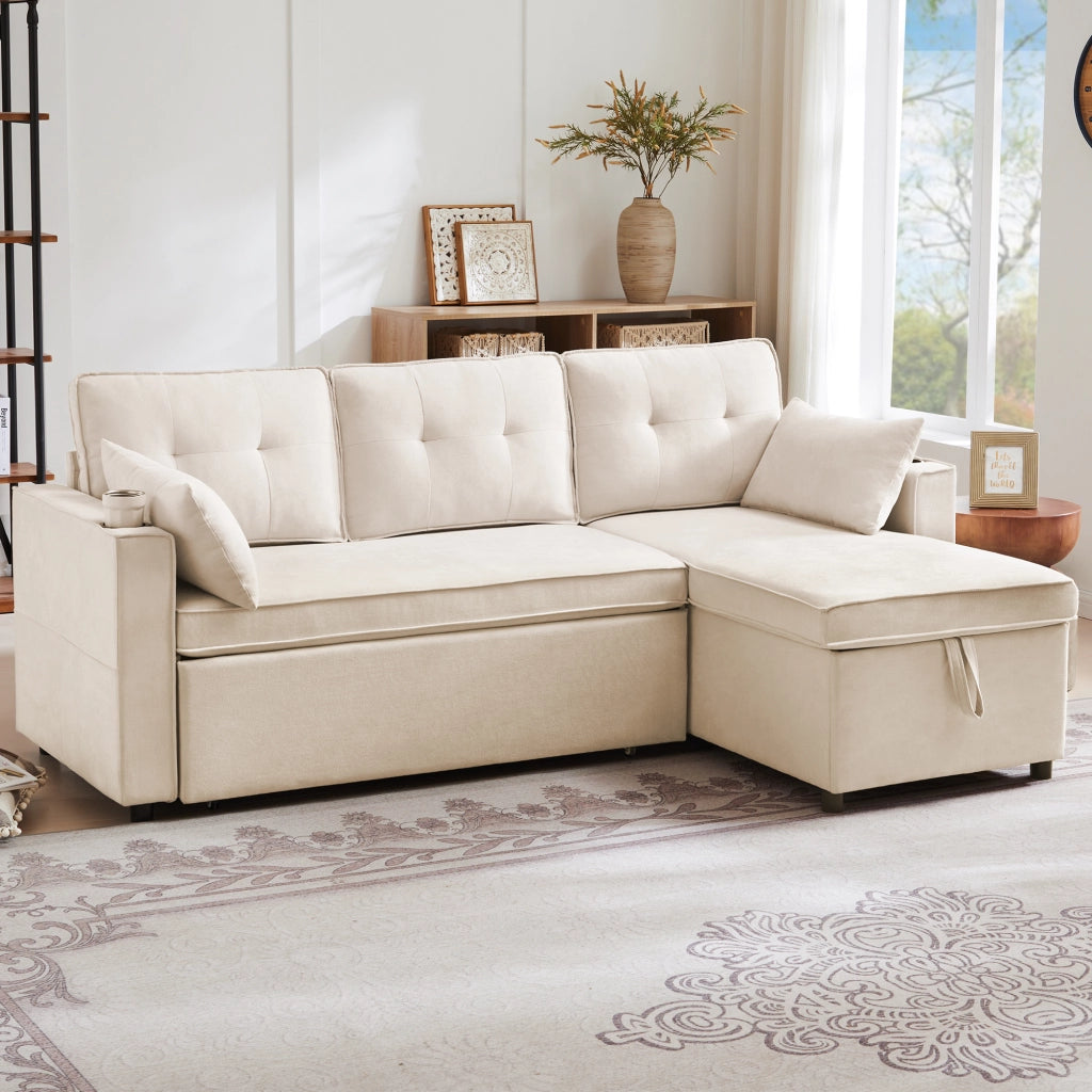Divano letto L - Zephmum - Design moderno, bracciolo con portaoggetti, spazio di archiviazione