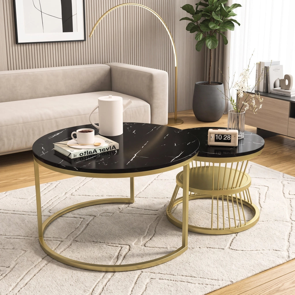 Tavolino salotto rotondo 70x70x45 cm set 2 pezzi tavolino da divano impilabile effetto marmo struttura in metallo - nero