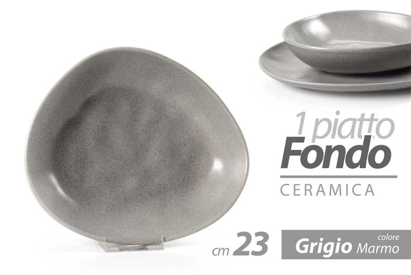 SERVIZIO PIATTI NEBBIA DI CARRARA - 12 PZ DESIGN TRIANGOLARE CERAMICA GRIGIO EFFETTO MARMO -  PIANO 30 CM - FONDO 23 CM