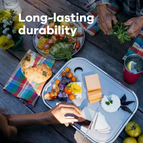 Piatto da Tagliare e Servire Leggero Ergonomico a 2 in 1 - Acciaio Inossidabile - Per Campeggio Picnic - Sicuro per il Lavello - Olivello