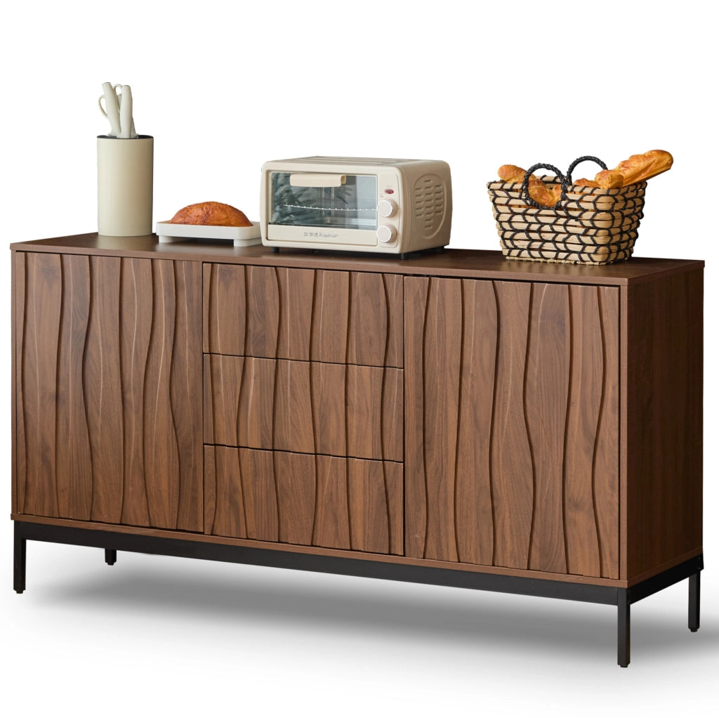 Credenza 150 cm in MDF e PB; con 3 cassetti e ripiani regolabili; marrone scuro