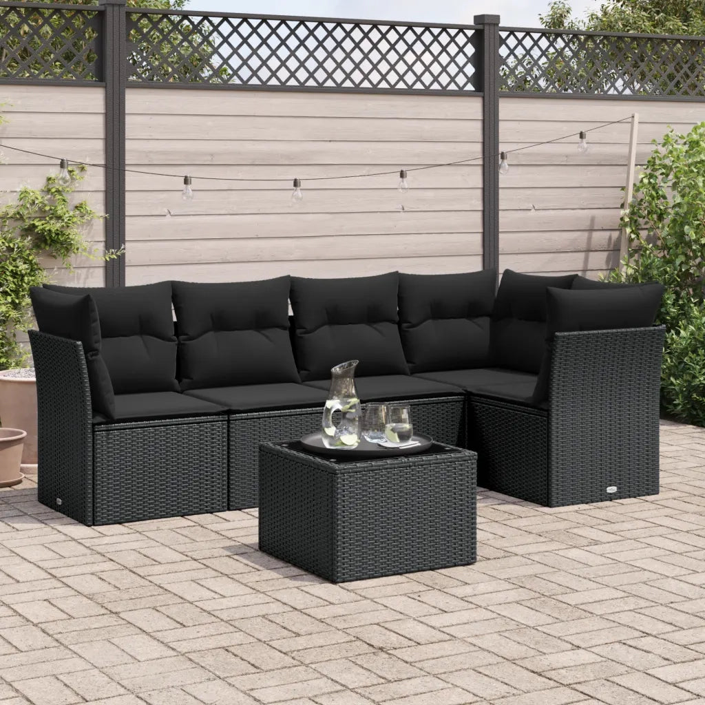 Set Divano da Giardino 6 pz con Cuscini Nero in Polyrattan