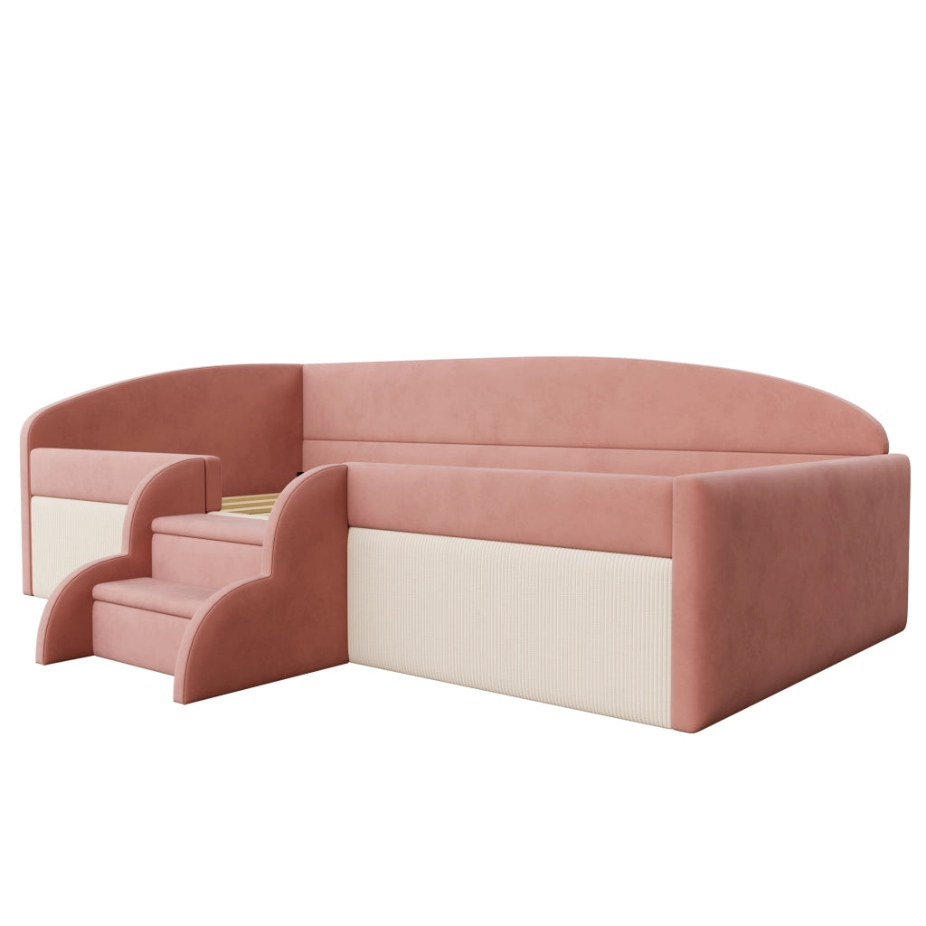 LETTO Imbottito con scalini e spondine 90x190 cm Velluto Rosa e Bianco