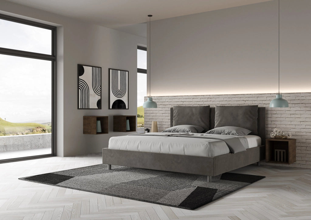 BS COM Letto matrimoniale king size con rete imbottito 170x210 microfibra grigio