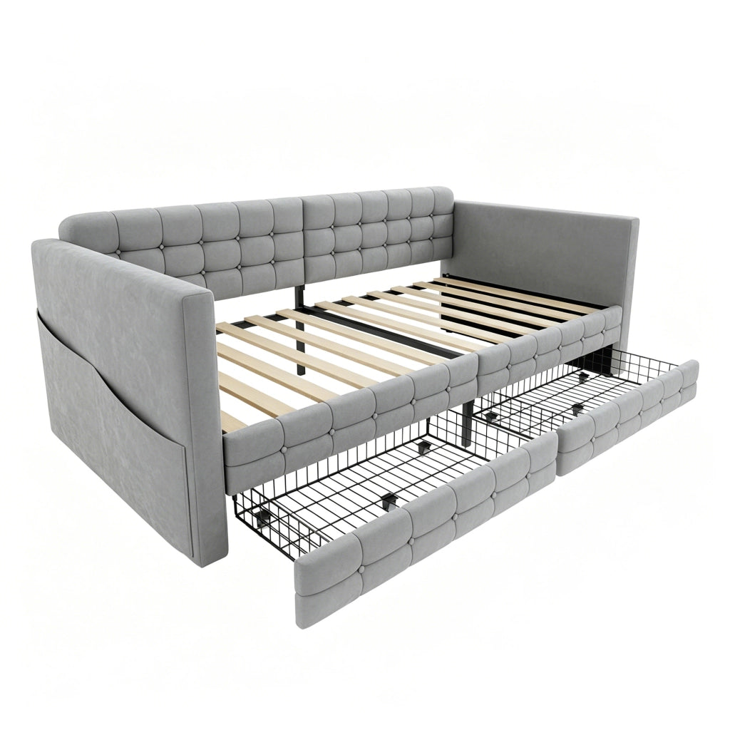 Letto con cassetti 90×190 cm; letto singolo con 2 cassetti; tasche laterali e senza materasso; in velluto grigio chiaro