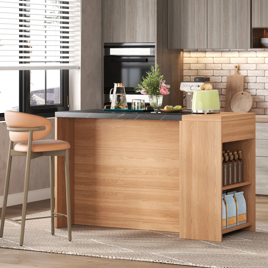 Tavolo da pranzo con ripiani e cassetto nascosto in MDF effetto marmo nero e rovere 140 × 60 × 90 cm