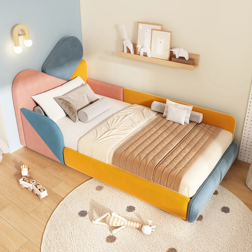 Letto imbottito per bambini 90x200 cm, patchwork multicolore, con sponde laterali rialzate, velluto