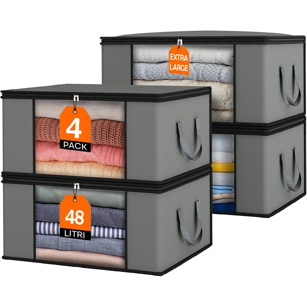Set 4 Contenitori Pieghevoli 48L con Manici Rinforzati e Finestra Trasparente