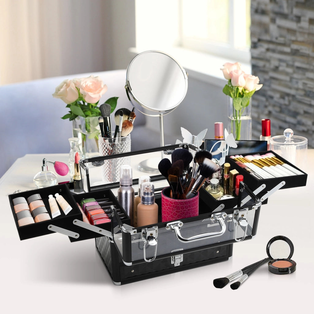 Cofanetto Portagioie Trucco ¨C Xylo ¨C Alluminio con Vassoi Estraibili 30x18,5x22cm Nero