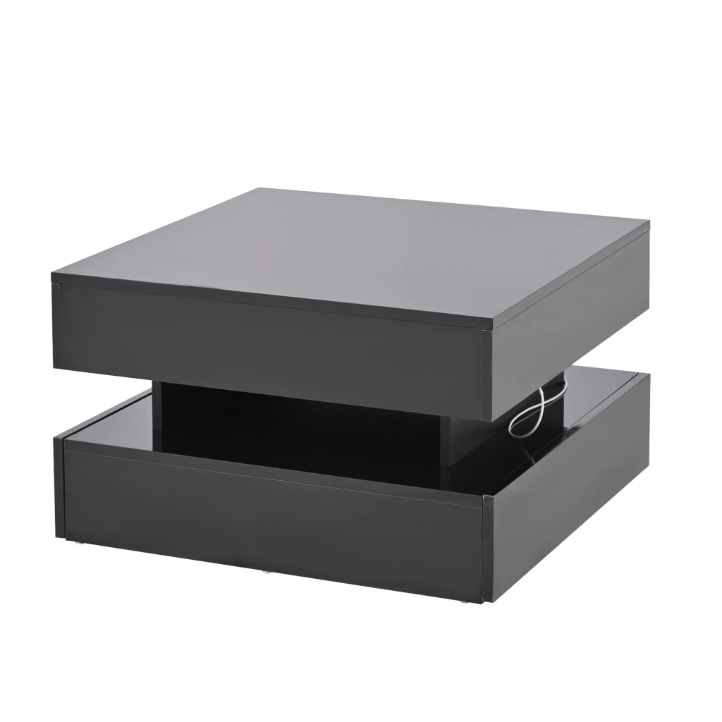 Tavolino da Salotto Alzabile Quadrato con 2 Cassetti e LED; Finitura Lucida; Vano Contenitore Nascosto; in Pannelli di Particelle; 65×65×38;5 cm; Nero