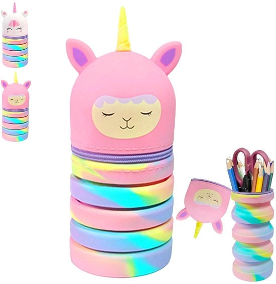 Etui 2 in 1 per bambini con forma di unicorno e penne, contenitore per bambini in silicone telescopico, borsa per trucco in silicone, contenitore per bambini per bambine e bambini da portare a scuola, regalo per bambine e bambini
