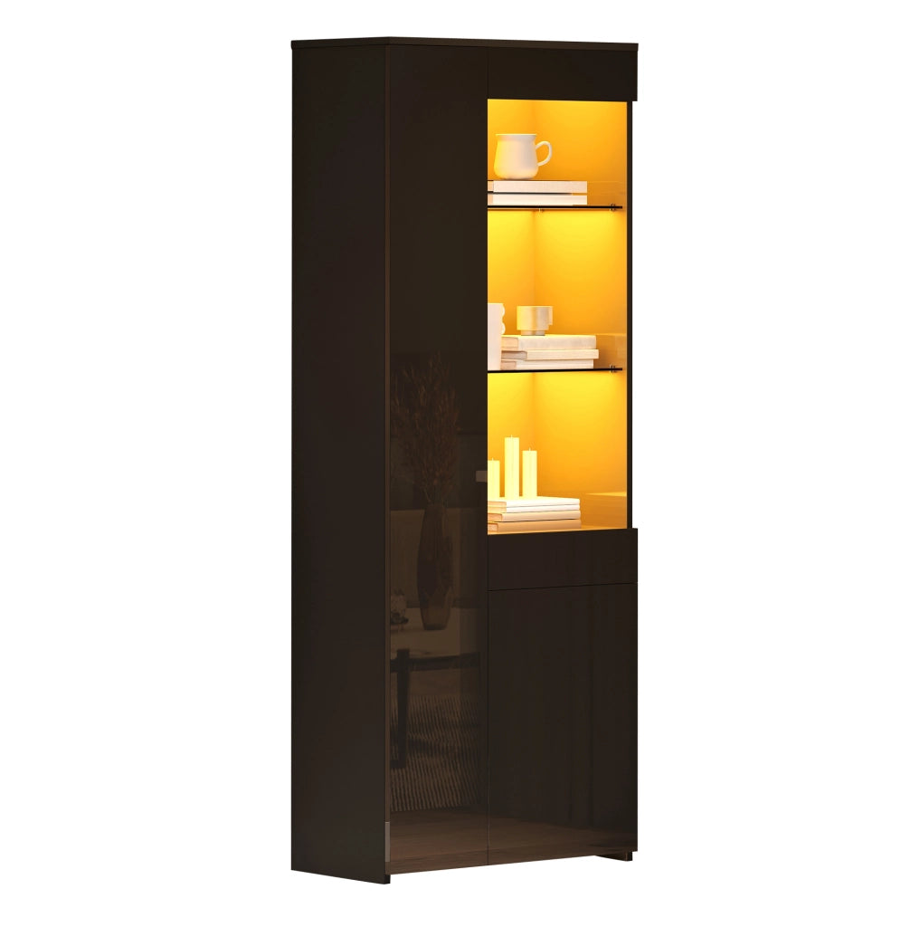 Vetrina alta 70x35x180 cm in truciolare nero con LED; 2 ante; cassetto e vetro temperato