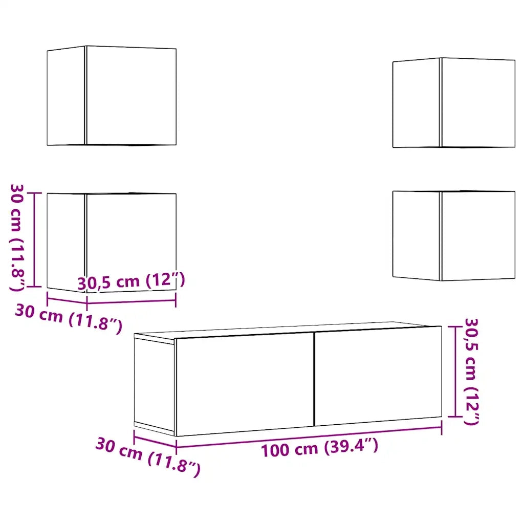 Set Mobile TV 5 pz | Armadietto TV | Mobile Porta TV Montato a Parete Rovere in Legno Multistrato