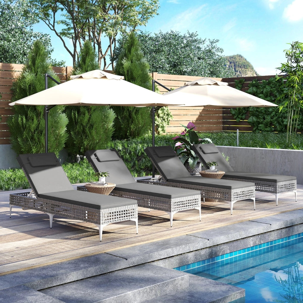Lettino sdraio in rattan PE con schienale regolabile a 6 livelli per piscina-Sedia a sdraio da patio cuscino e poggiatesta removibili Grigio