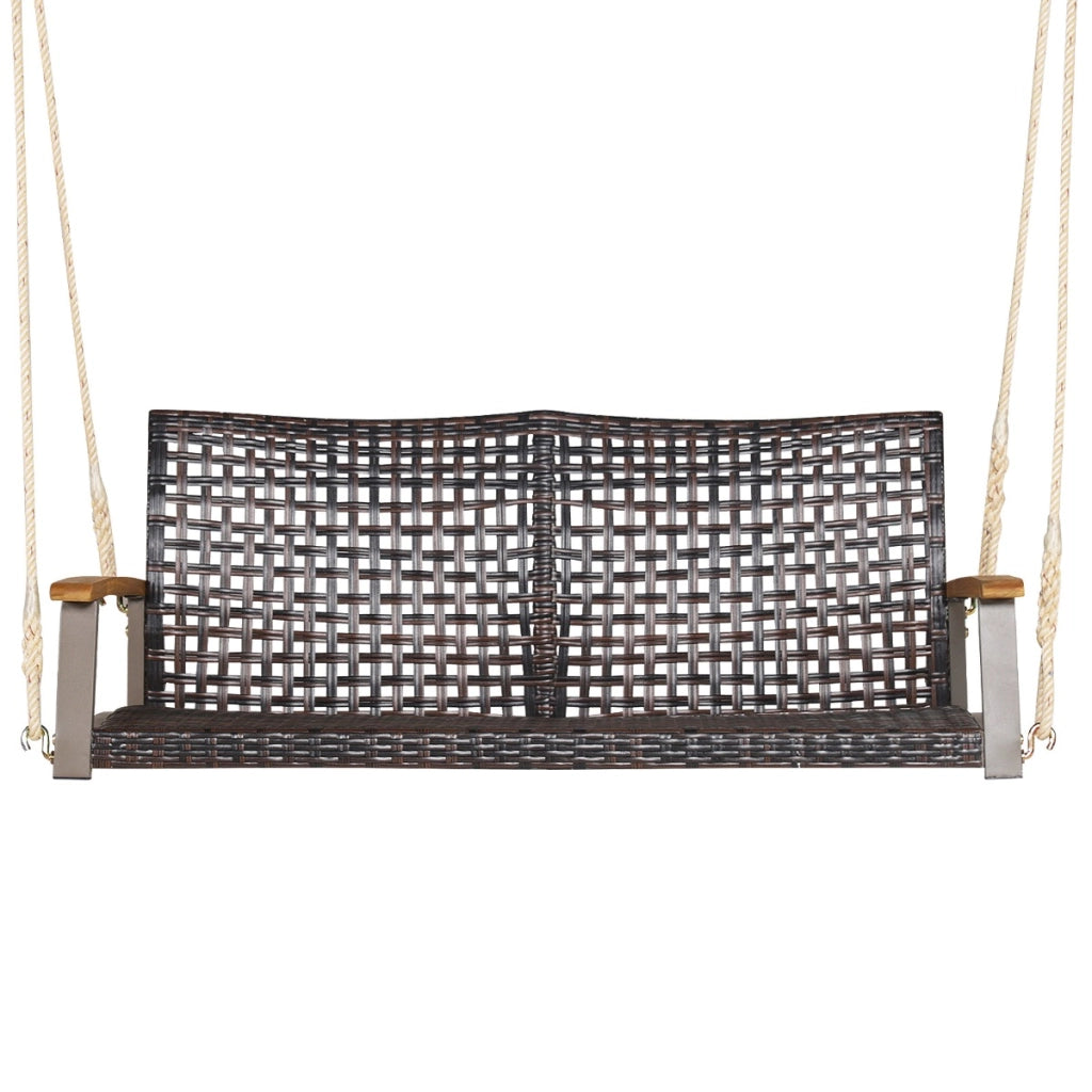 Sedia dondolo in rattan a 2 posti con cuscino e braccioli in legno di acacia, Panchina dondolo in vimini Beige