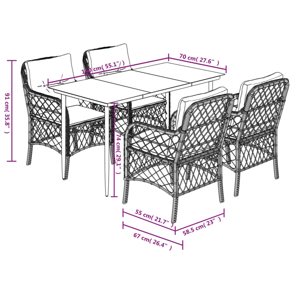 Set da Pranzo da Giardino 5 pz Nero con Cuscini in Polyrattan 3212098