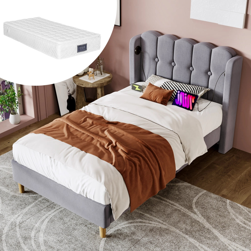 LETTO imbottito 90x200 cm grigio in lino con porta USB e USB-C