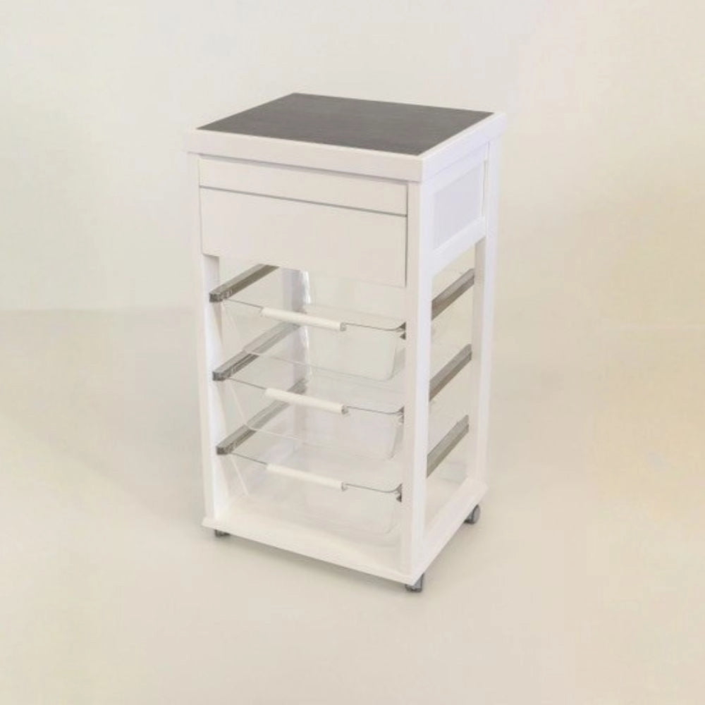 Carrello Dolly in faggio massello colore bianco con cesti estraibili in acrilico trasparente