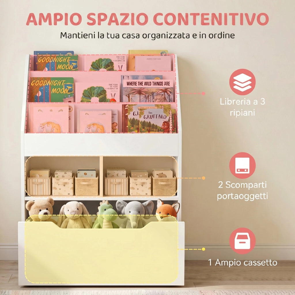Piccola Libreria per Bambini con Ripiani e Cassetto in MDF, 60x29.9x90cm, Bianco