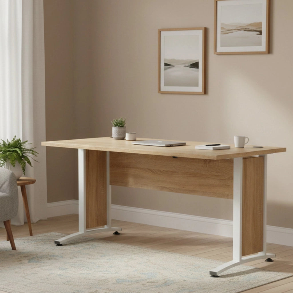 Scrivania Ascorbato, Scrittoio multiuso, Tavolo per ufficio porta PC, Piano di lavoro, 150x80 h75 cm, Quercia e Bianco