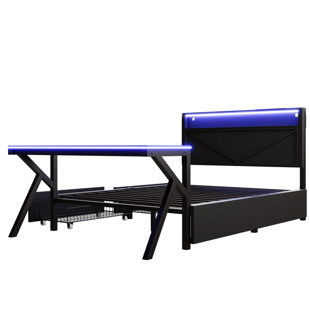 Letto Singolo 140x200 cm con LED; Scrivania e 2 Cassetti in Metallo e MDF - Nero