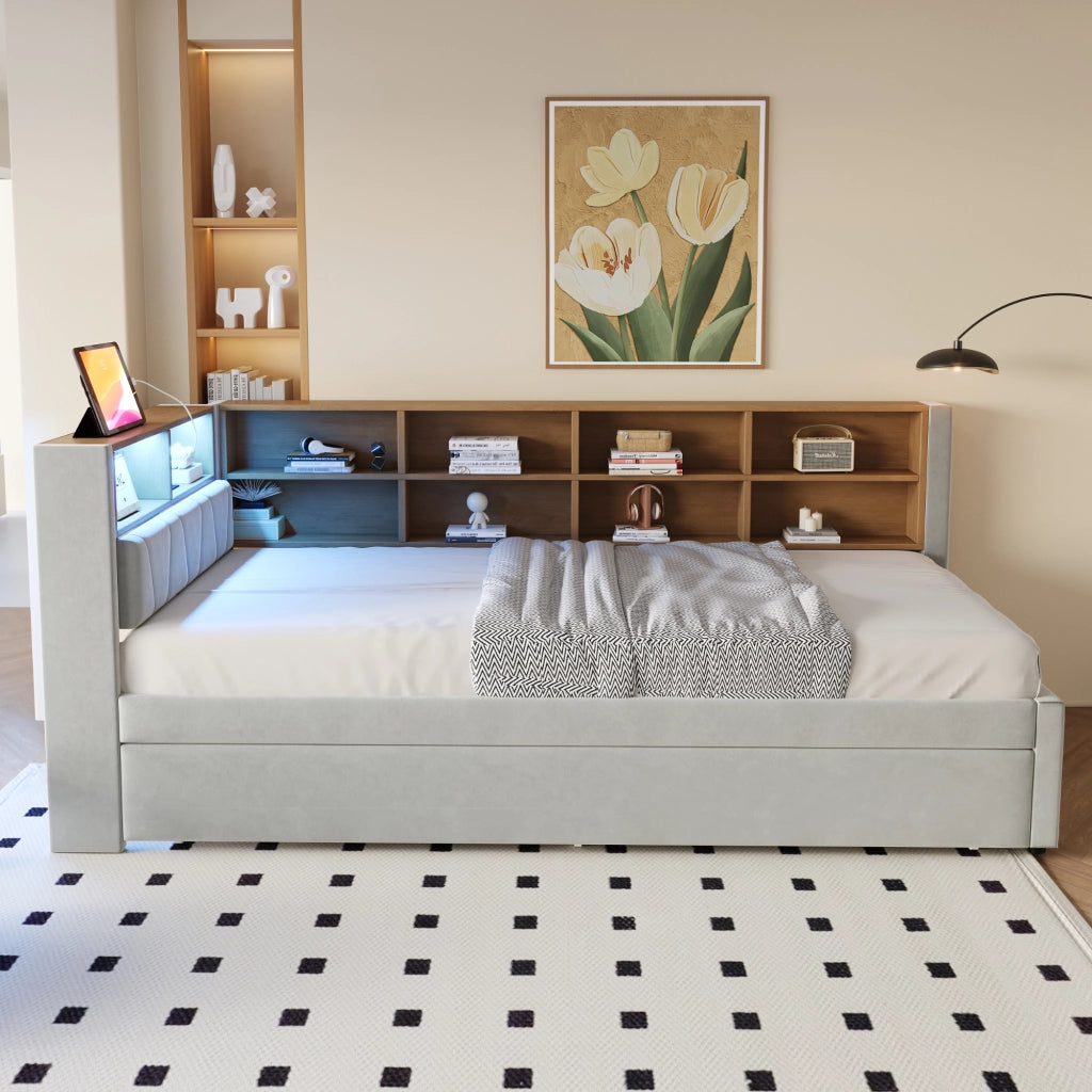 Letto estraibile matrimoniale 90×200 cm e 90×190 cm con LED; USB e ripiani; senza materasso; grigio chiaro