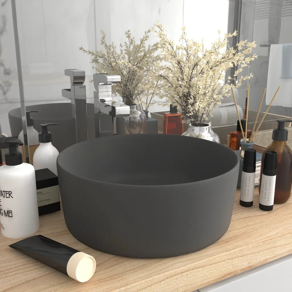 Lavandino Lusso-Lavabo-Lavello Rotondo Grigio Scuro Opaco 40x15 cm in Ceramica 406952